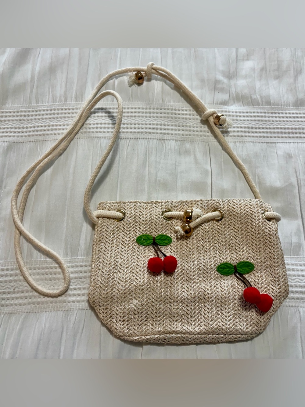 Woven Straw Cherry Drawstring Crossbody Bag